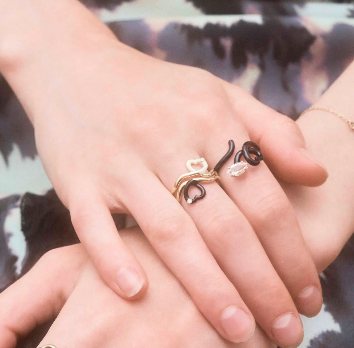 Black Baby Vine Heart Ring with Rock Crystal
