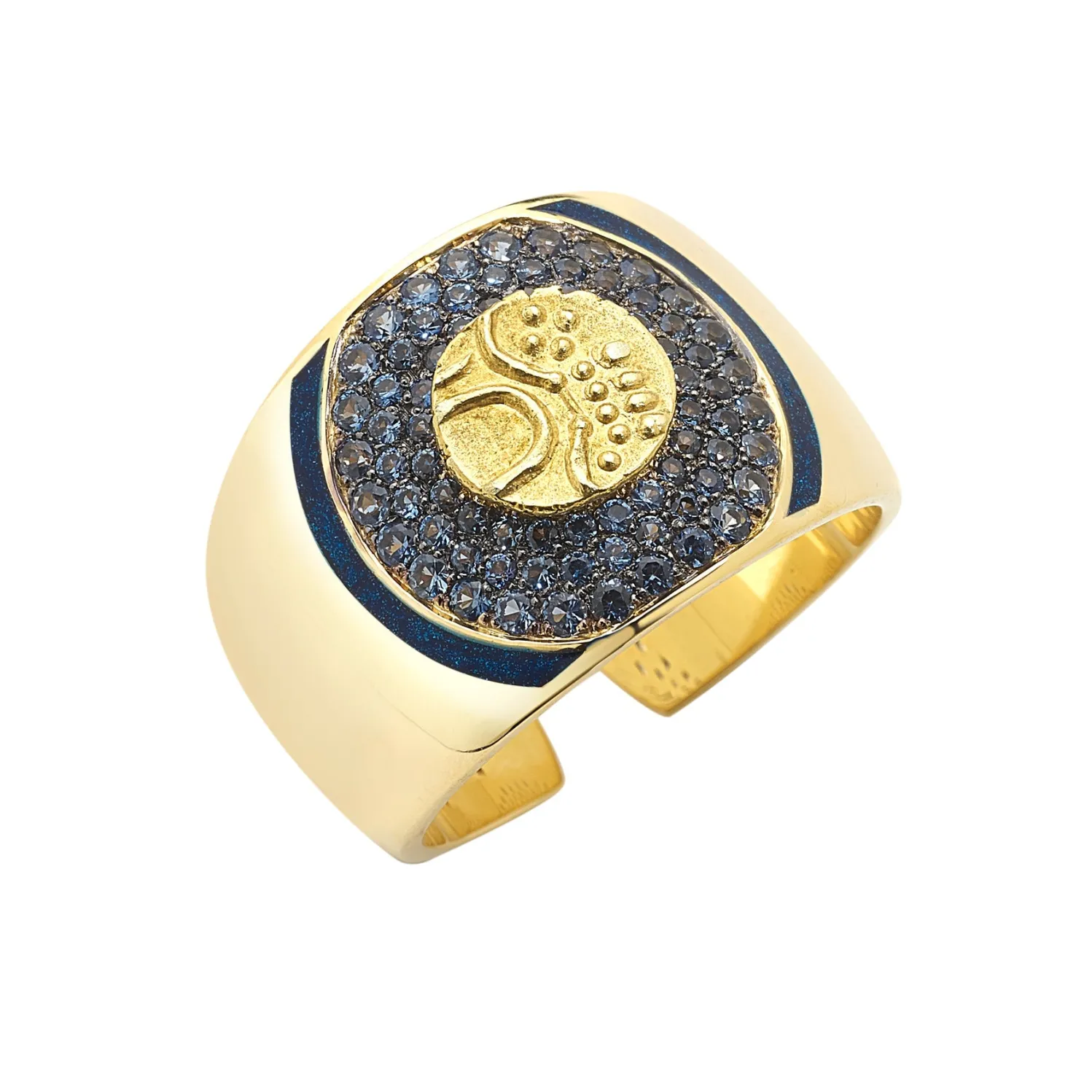 Blue Sapphire and Vintage Fanam Coin Ring in Yellow Gold