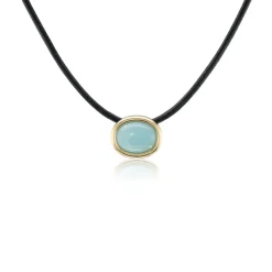 Cabochon Aquamarine Scuba Choker in Black Leather and Yellow Gold