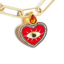 Citrine Diamond Evil Eye Heart Charm