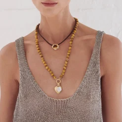 Citrine Scuba Choker Necklace in Black Leather and Yellow Gold