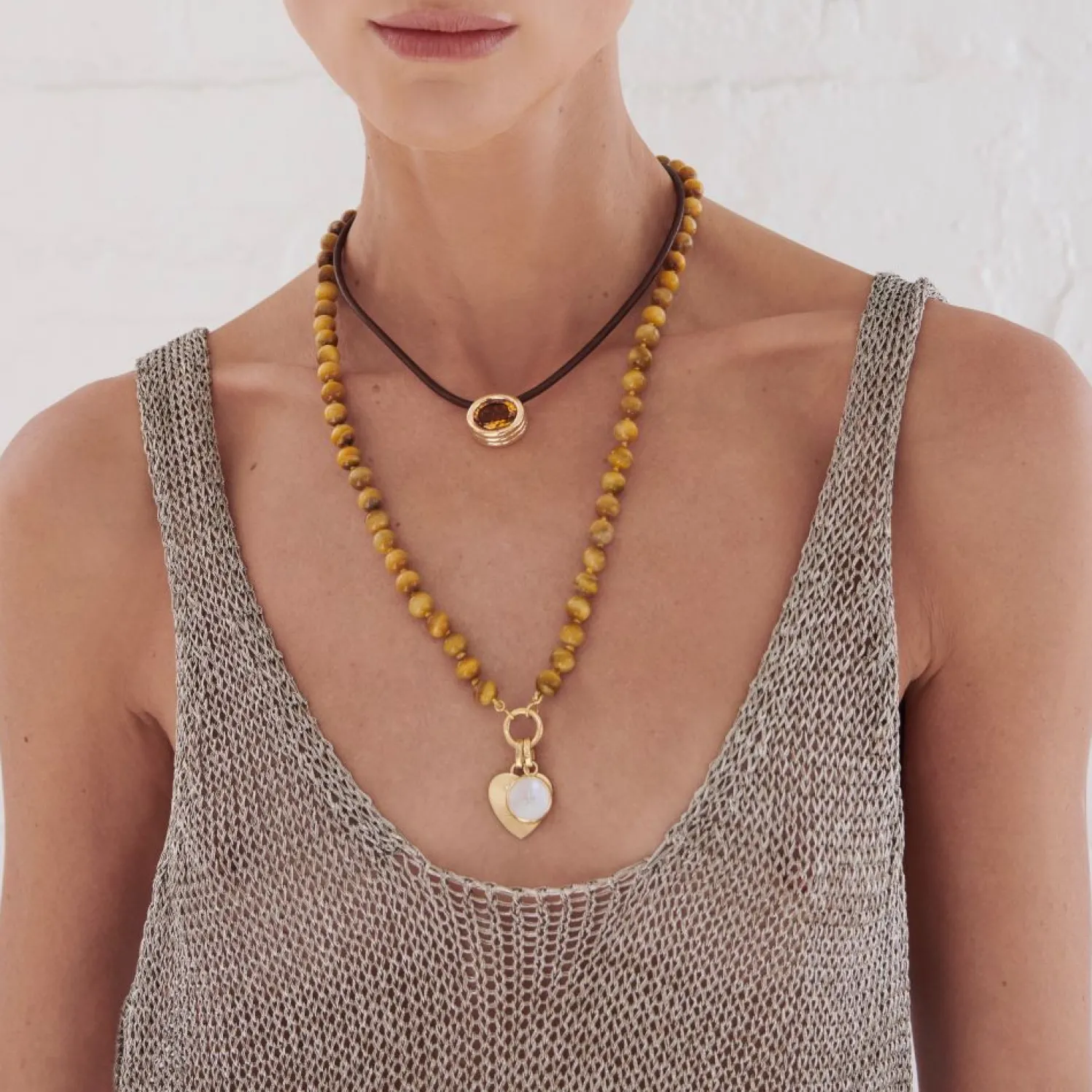 Citrine Scuba Choker Necklace in Black Leather and Yellow Gold