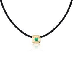 Cushion Cut Emerald Ripple Choker in Black Leather and Yellow Gold