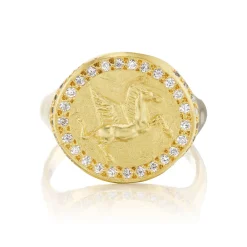 Diamond Pegasus Coin Ring in Yellow Gold