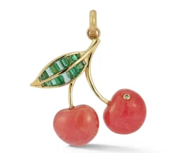 Emerald and Rhodochrosite Sweet Cherry Charm in Yellow Gold