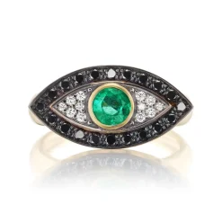 Emerald and White Diamond Evil Eye Ring in Yellow Gold