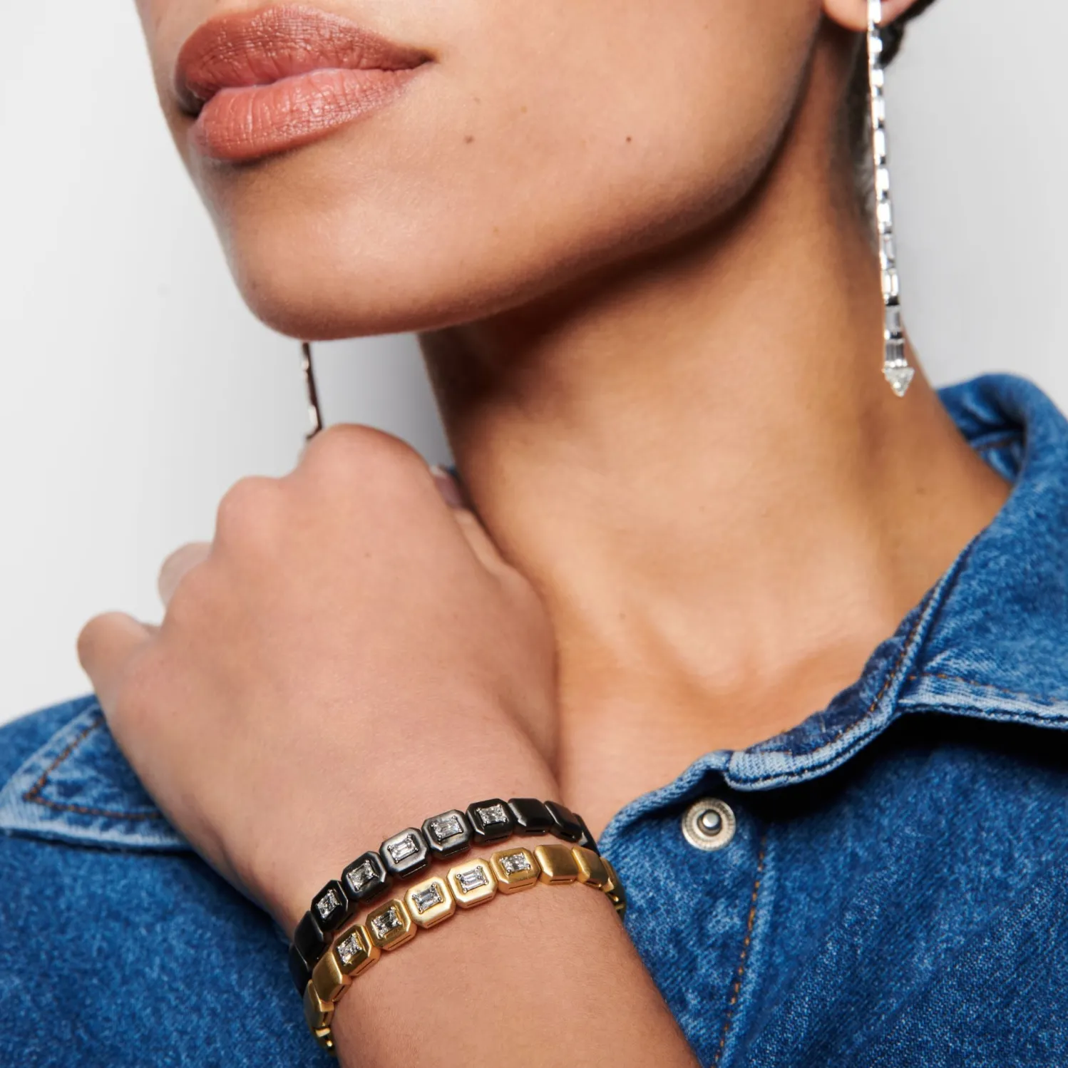 Emerald Cut White Diamond Me Cuff Bracelet in Yellow Gold