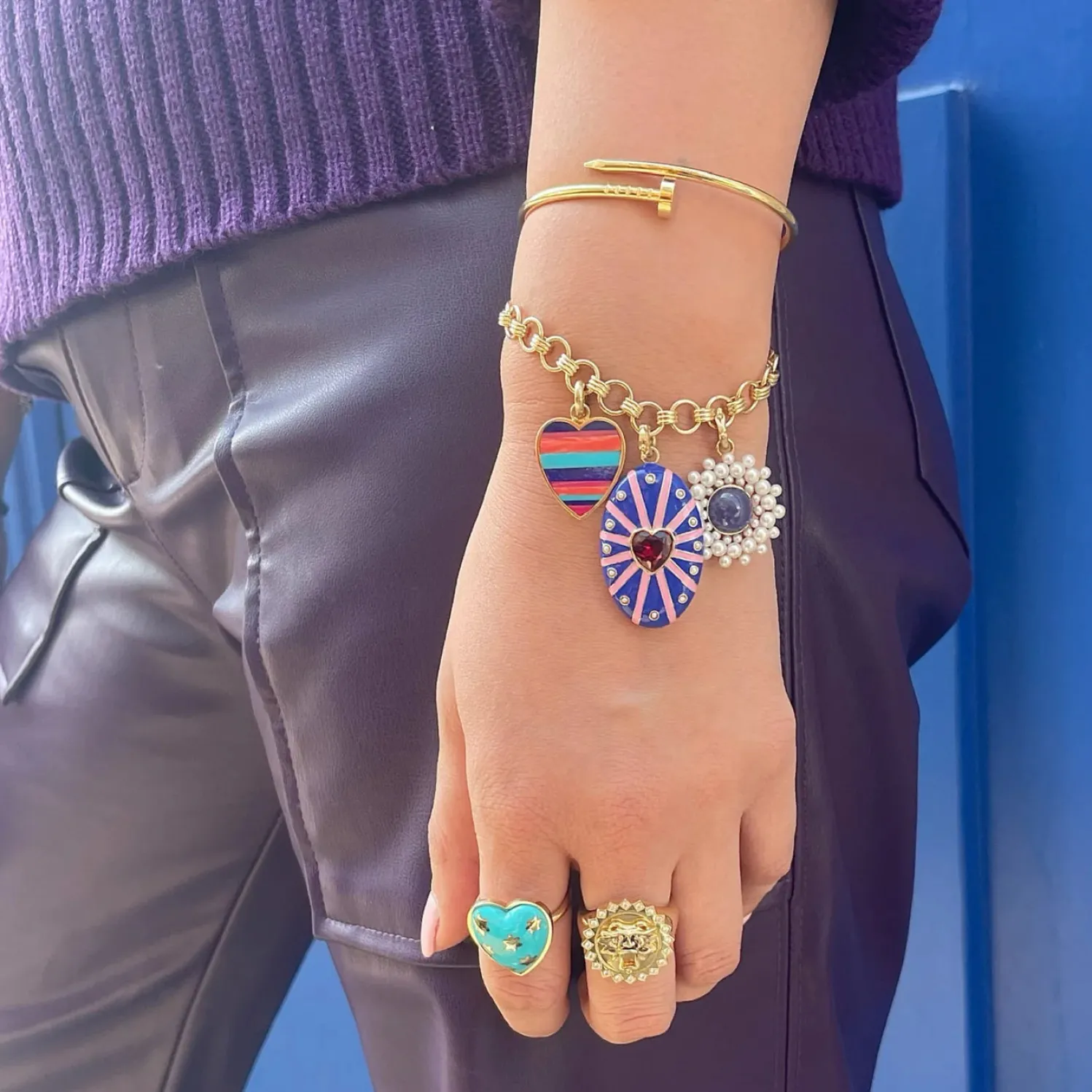 Garnet and White Pearl Eleanor Charm in Yellow Gold