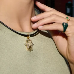 Green Enamel Hamsa Pendant in Yellow Gold