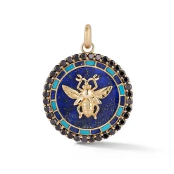 Lapis and Black Diamond Madelline Bee Medallion in Yellow Gold
