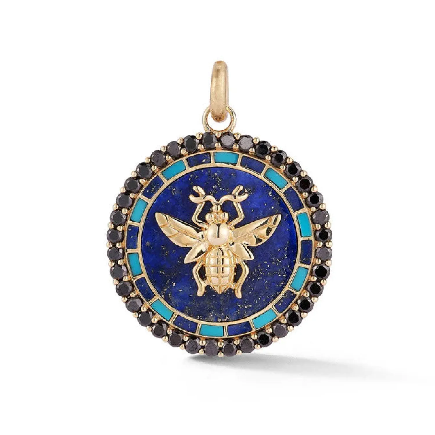 Lapis and Black Diamond Madelline Bee Medallion in Yellow Gold