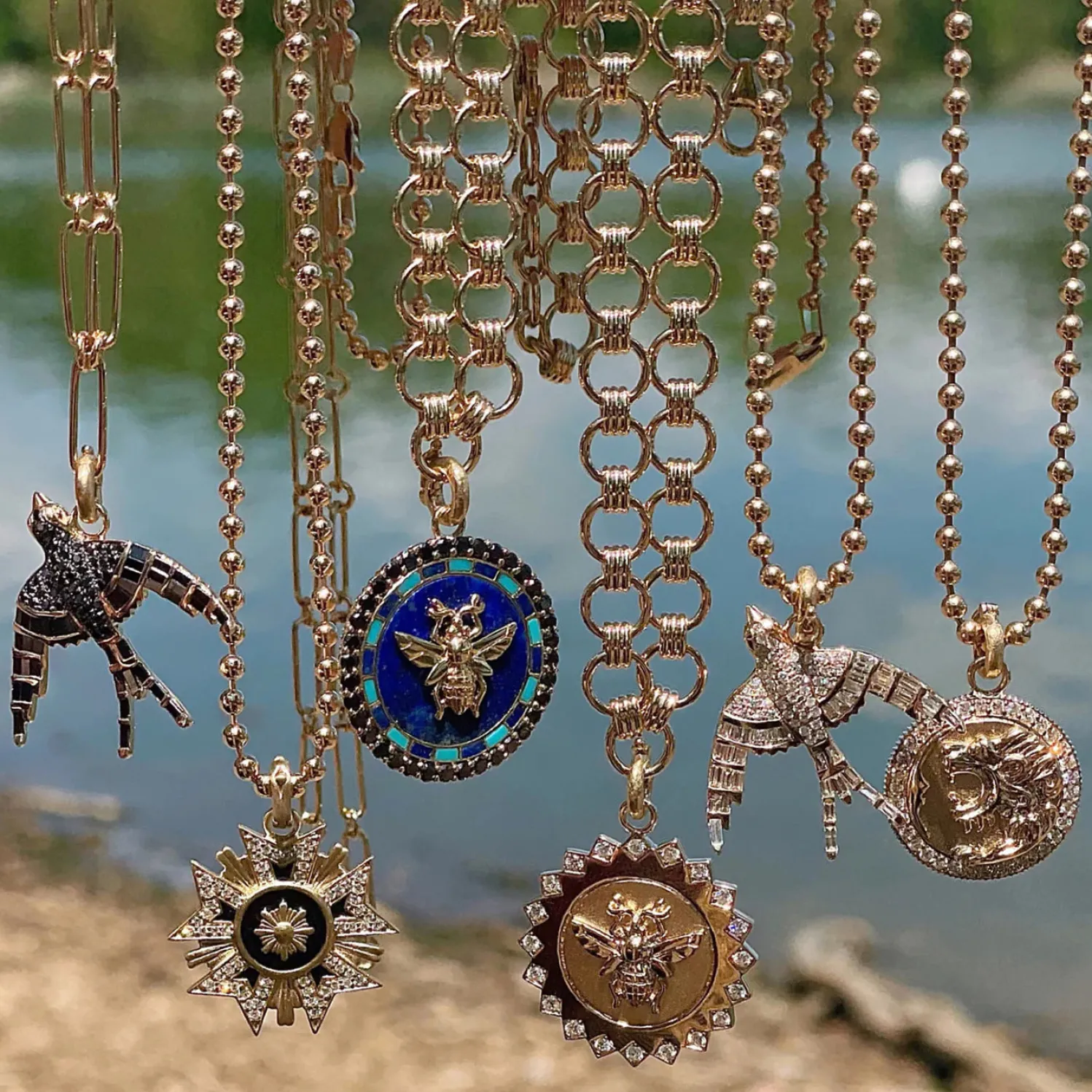 Lapis and Black Diamond Madelline Bee Medallion in Yellow Gold