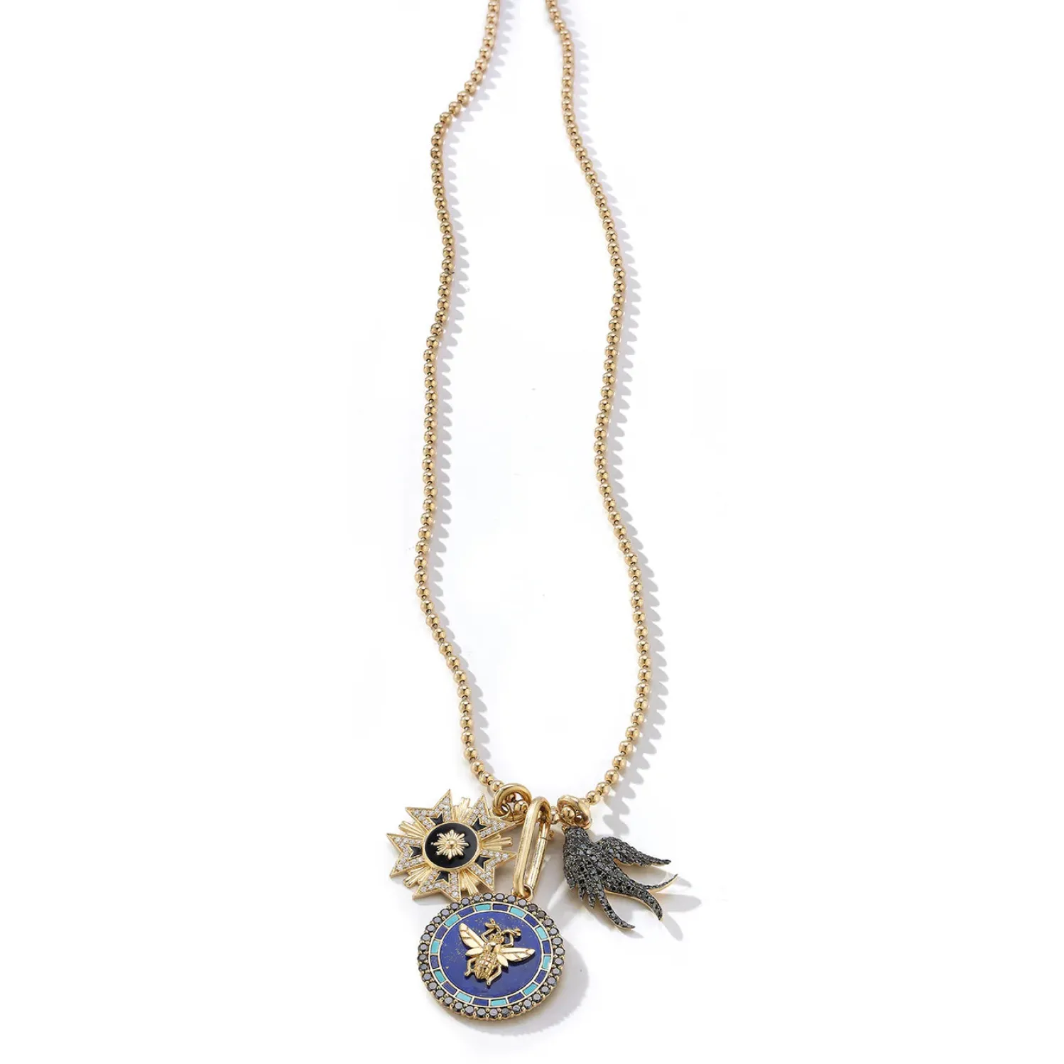Lapis and Black Diamond Madelline Bee Medallion in Yellow Gold