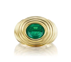 Large Brazilian Oval Shaped Emerald Ripple Pinky Ring in Yellow Gold