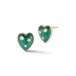 Malachite and White Diamond Heart Stud Earring in Yellow Gold