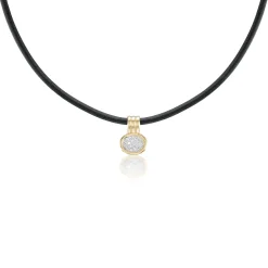 Mini White Diamond Pavé Scuba Choker in Black Leather and Yellow Gold