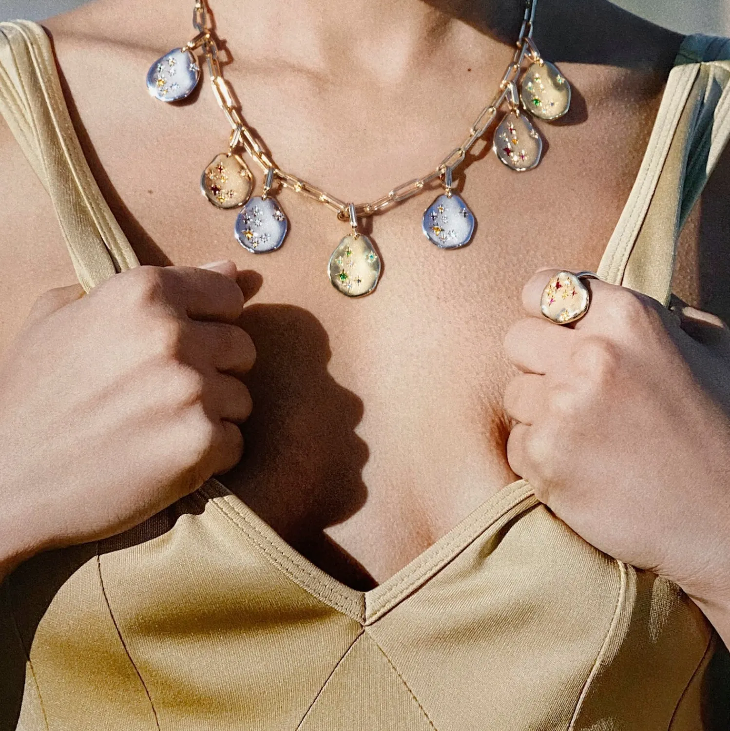 Multicolor Gemstone Starry Night Charm in Green Gold