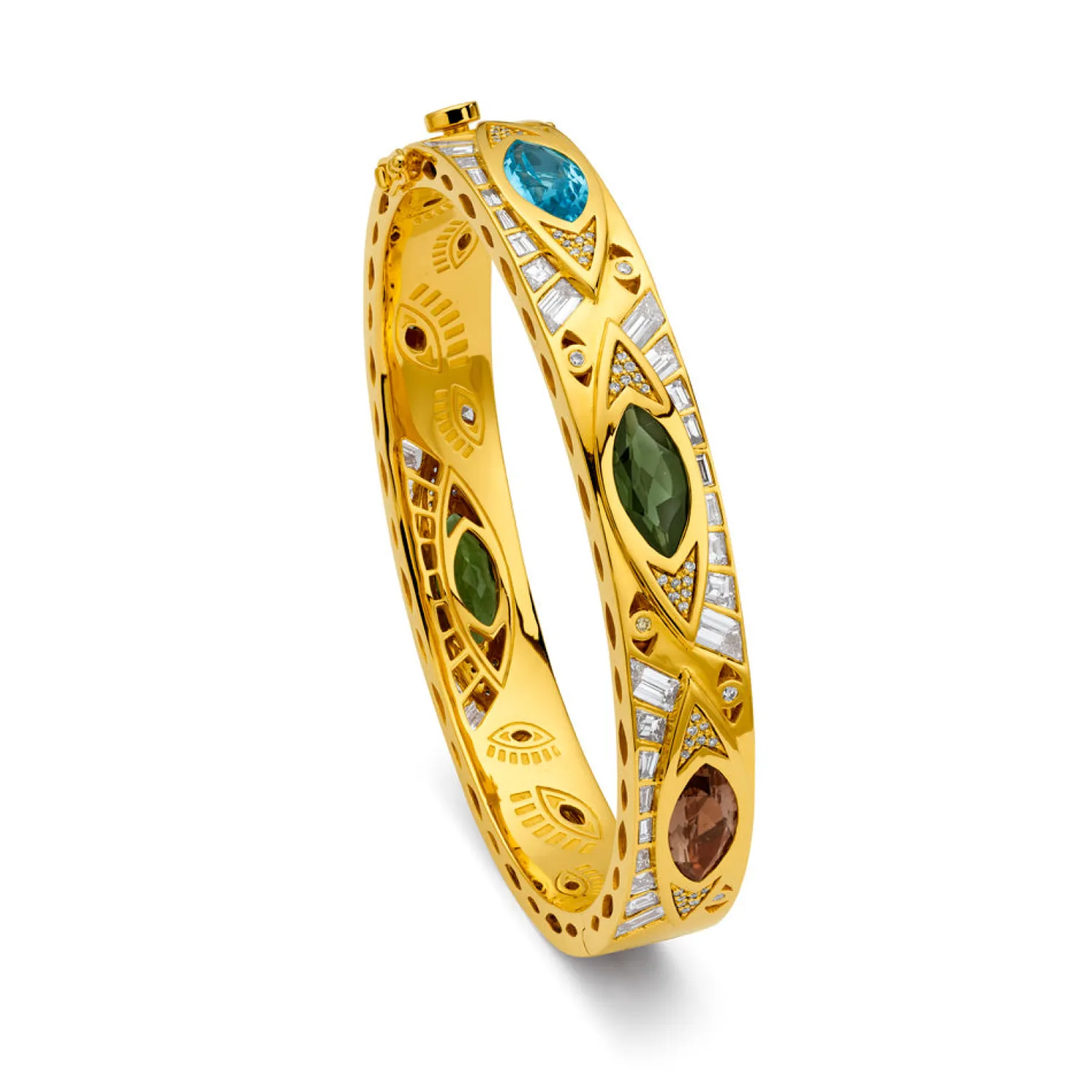Multi-gam Evil Eye Bangle Bracelet in Yellow Gold