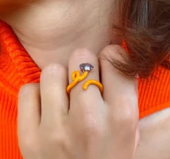 Orange Enamel Baby Vine Ring with Amethyst