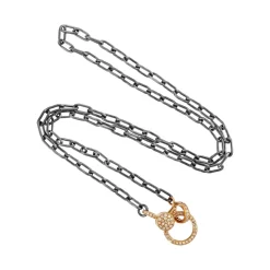 Oxidized Silver Chain with Small Pavé Diamond Lock in Yellow Gold