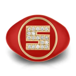 Pavé White Diamond Letter Signet Ring in Red Enamel and Yellow Gold