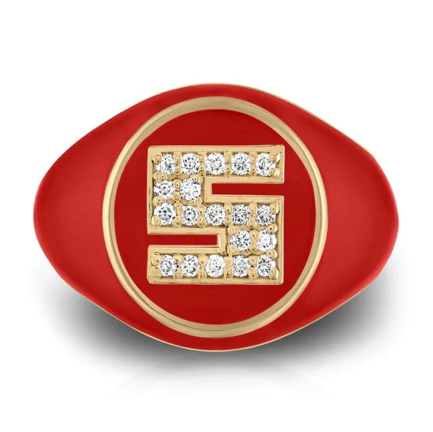 Pavé White Diamond Letter Signet Ring in Red Enamel and Yellow Gold