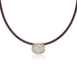 Pavé White Diamond Scuba Choker in Brown Leather and Yellow Gold
