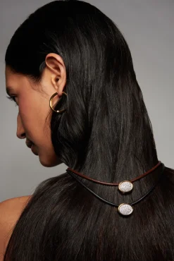 Pavé White Diamond Scuba Choker in Brown Leather and Yellow Gold