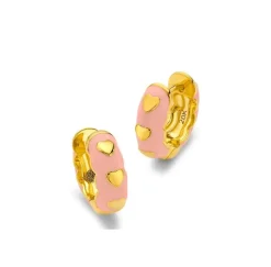 Pink Enamel Scalloped Heart Huggies in Yellow Gold