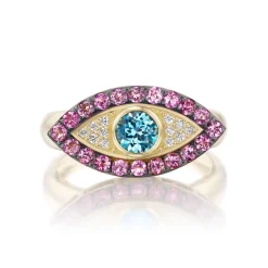Pink Tourmaline and Blue Topaz Evil Eye Ring in Yellow Gold