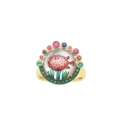 Reverse Intaglio Pufferfish Ring with Emeralds and Colored Sapphires in Yellow Gold