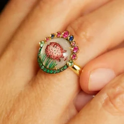 Reverse Intaglio Pufferfish Ring with Emeralds and Colored Sapphires in Yellow Gold