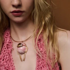 Rhodochrosite and Pink Sapphire Sloth Necklace in Rose Gold