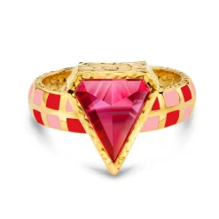 Shield Cut Pink Tourmaline and Yellow Gold Ring