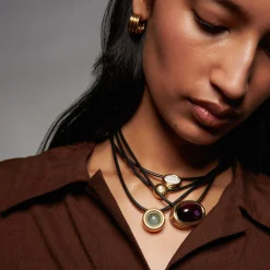 Sol Necklace with Diamond Accent in Black Leather and Yellow Gold