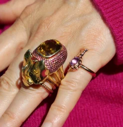 Sphene and Raspberry Sapphire Phaethon Ring in Yellow Gold