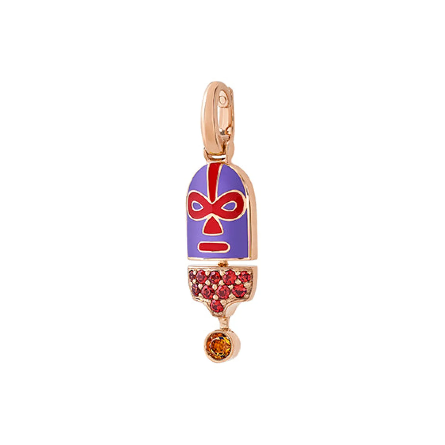 The Destroyer Sees Purple Luchadores Pendant with Orange Sapphires in Yellow Gold
