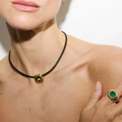 Tourmaline Ripple Choker in Black Leather and Yellow Gold