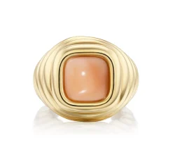 Vintage Salmon Coral Cabochon Ripple Pinky Ring in Yellow Gold