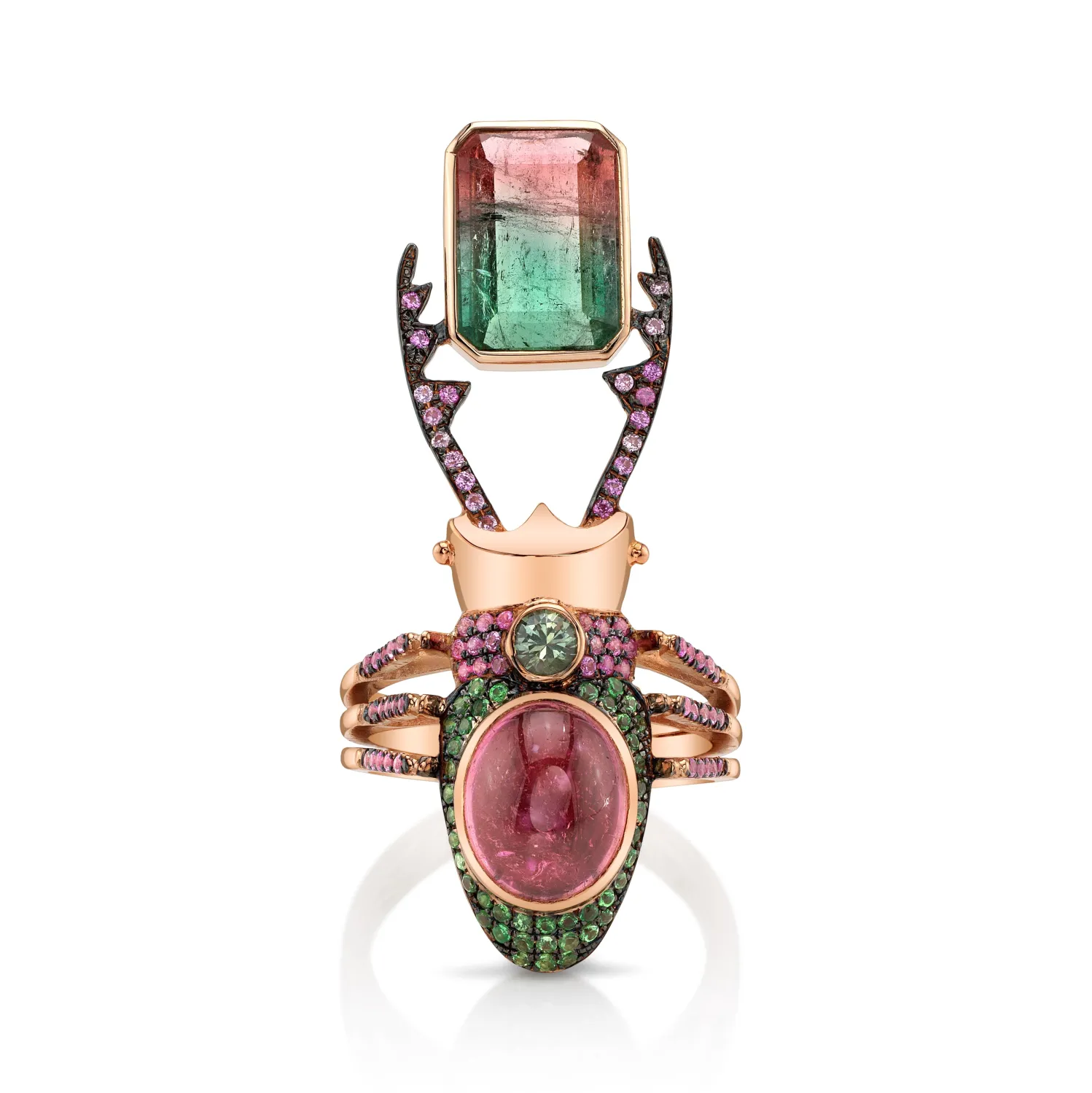 Watermelon Tourmaline Pushpavati Stag Beetle Ring in Rose Gold