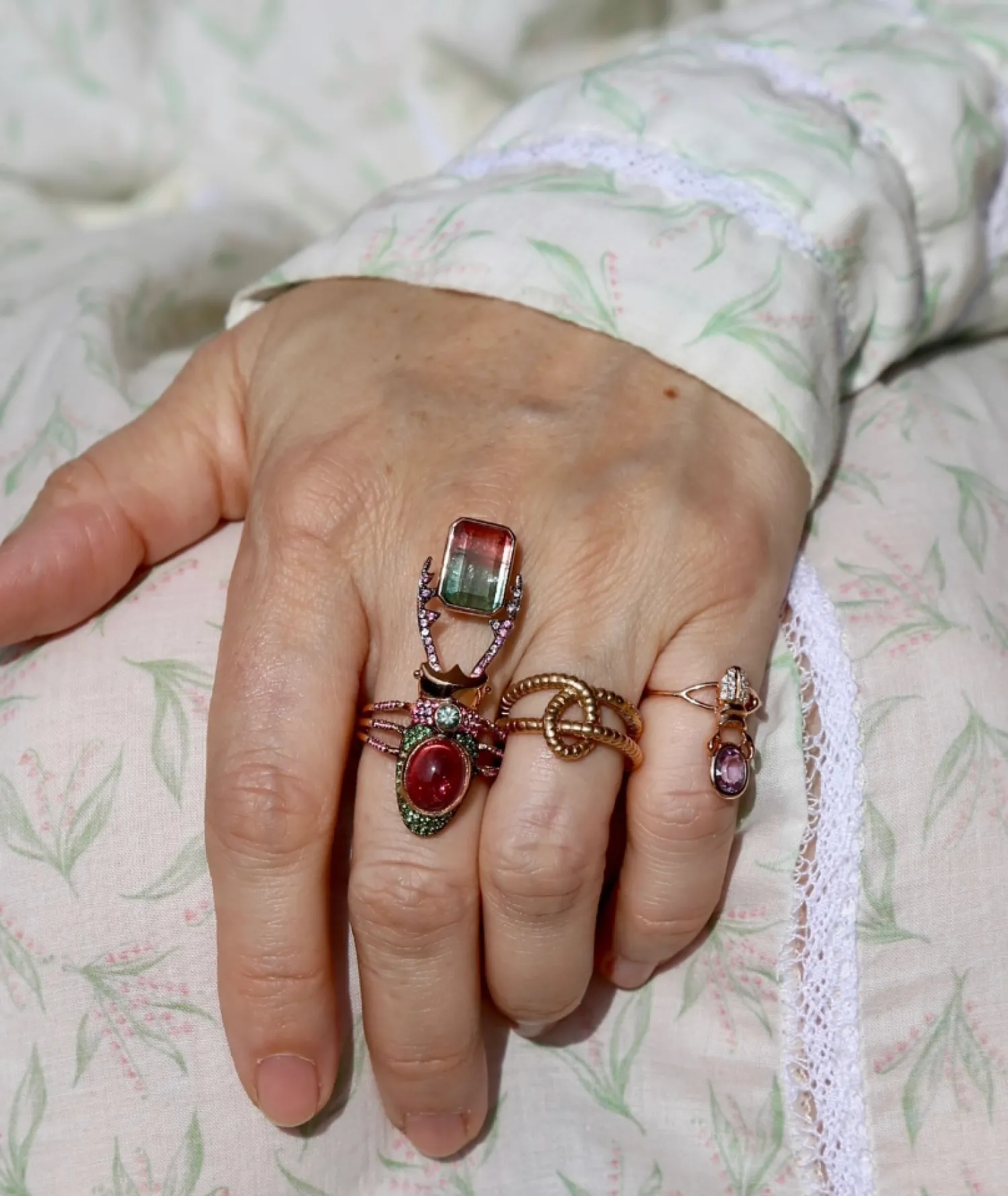 Watermelon Tourmaline Pushpavati Stag Beetle Ring in Rose Gold