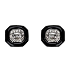 White Diamond and Black Enamel Oui Stud Earrings in White Gold
