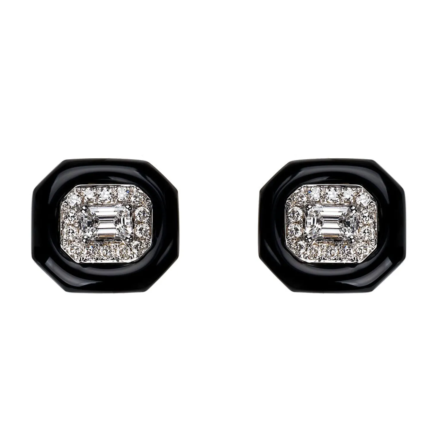 White Diamond and Black Enamel Oui Stud Earrings in White Gold