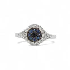 White Diamond and Blue Sapphire Cat's Eye Ring in White Gold