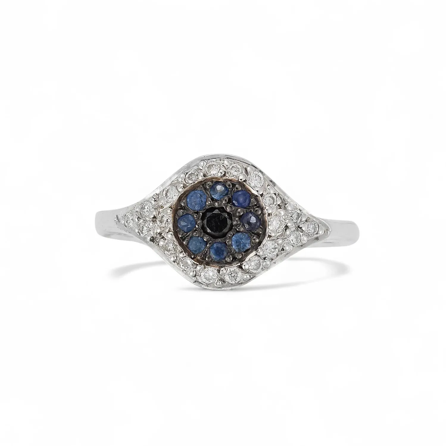 White Diamond and Blue Sapphire Cat's Eye Ring in White Gold