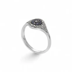 White Diamond and Blue Sapphire Cat's Eye Ring in White Gold