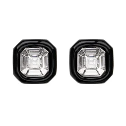 White Diamond and Enamel Oui Stud Earrings in White Gold