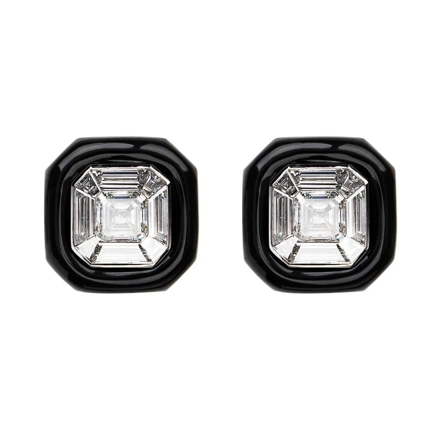 White Diamond and Enamel Oui Stud Earrings in White Gold