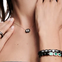 White Diamond and Enamel Oui Necklace in White Gold