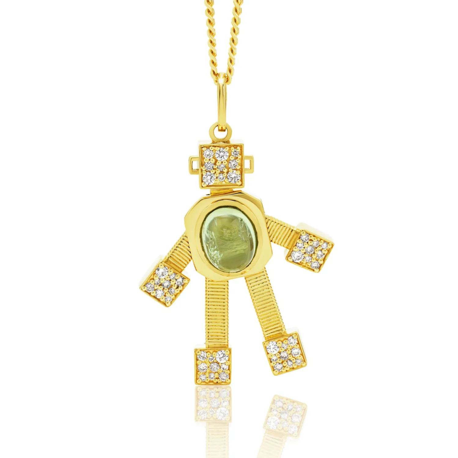 White Diamond and Tourmaline Maxi Robot Pendant in Yellow Gold